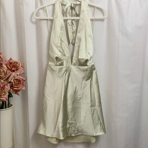 Zara Satin Effect Backless Halter Mini Dress in Pastel Pale Green